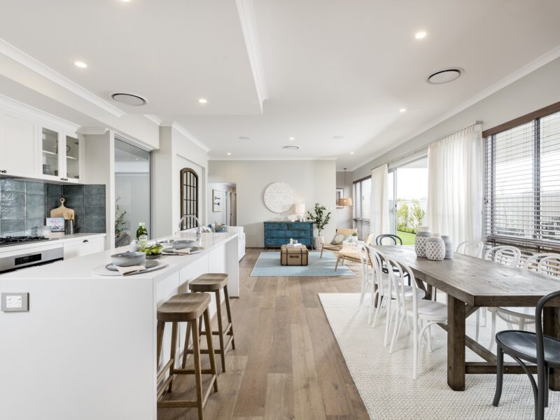 High ceilings in kitchen living dining area