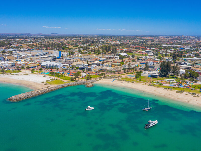 Aerial panorama view of Geraldton landscape showing glass blue waters and the beach, Australia