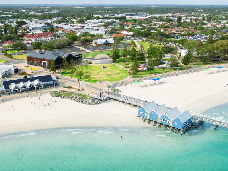 Panoramic view of Busselton Jetty and foreshore in Western Australia